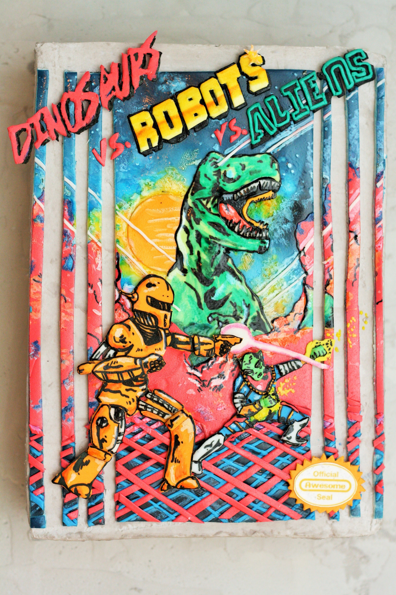 Dinosaurs vs Robots vs Aliens cake